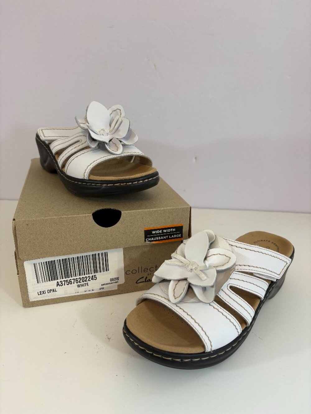 Clarks Lexi Opal White Leather Slide Sandals 6 Wide Comfort Wedge
